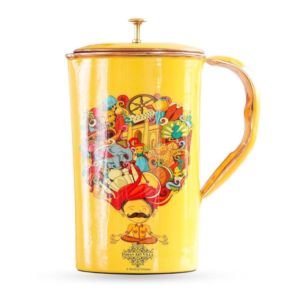 Meena Padharo Mhare Desh Theme Copper Gift Set of 1 Jug & 4 Glass - Perfect for Home, Office, and Gifting, Jug-1.5 Litre & Glass-270 ML Each
