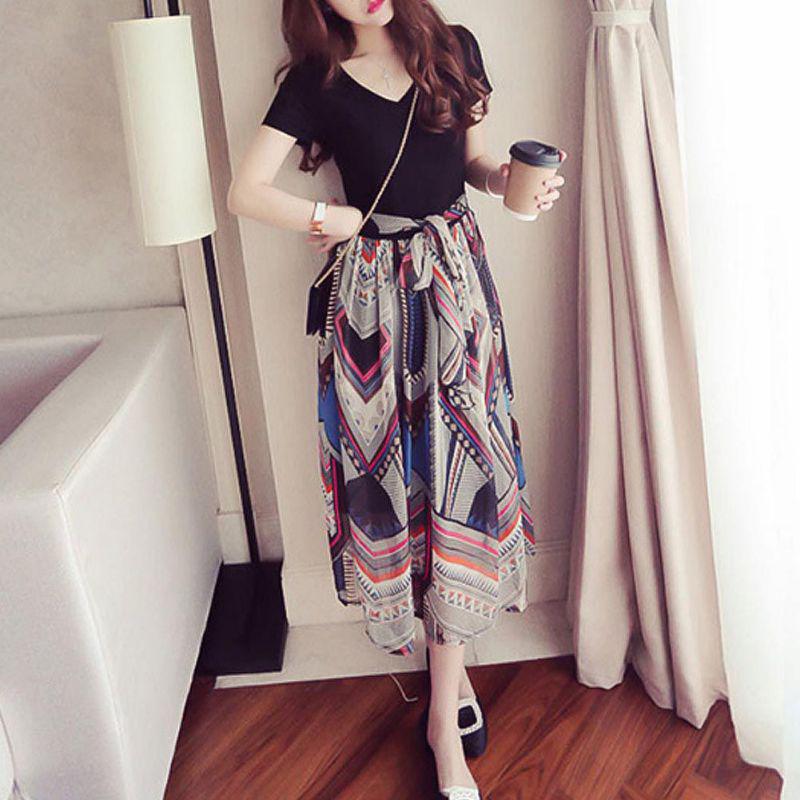 Newest Style Fashion Women Plus Size Chiffon V Neck Maxi Dresses Ladies Fake Two Piece Floral Long