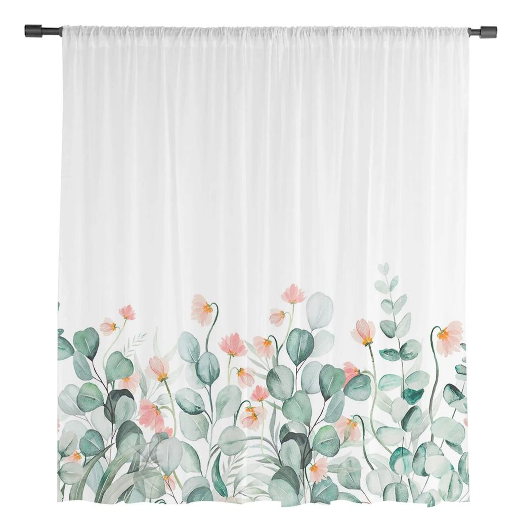 Idyllische Blume Eukalyptus Blätter Gardinen für Wohnzimmer Schlafzimmer Tüll Vorhang für Küche Voile Vorhang Blindplatten