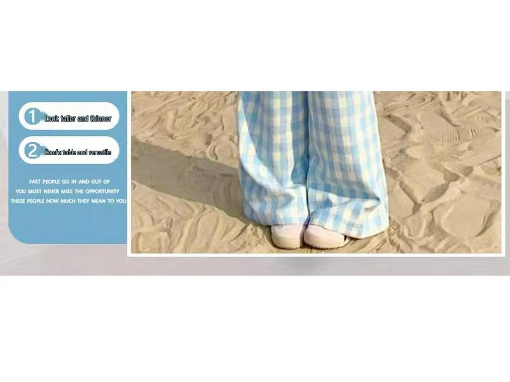 Women's Blue Plaid High-Waisted Loose-Fit Yamamoto Pants - Petite, Casual Wide-Leg, Spring/Autumn 2025 Collection.