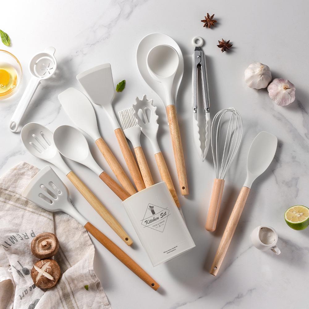 14-Piece Wooden Handle Silicone Kitchen Utensil Set with Storage Bucket for Non-Stick Cookware