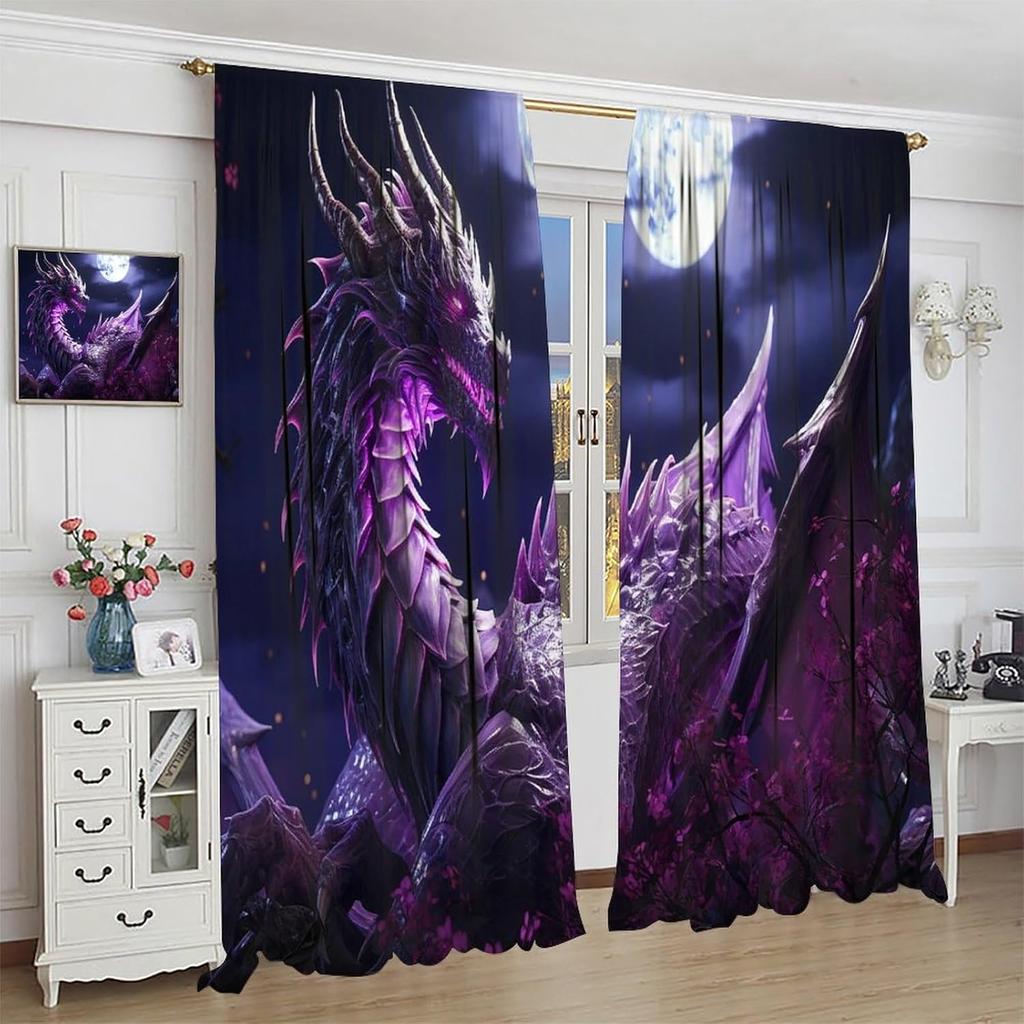 Dragon Curtains for Bedroom  Mystic Courage Fantasy Purple Night Sky Legend Epic Treasure Spitting Fire Dragon Window Drapes Prin