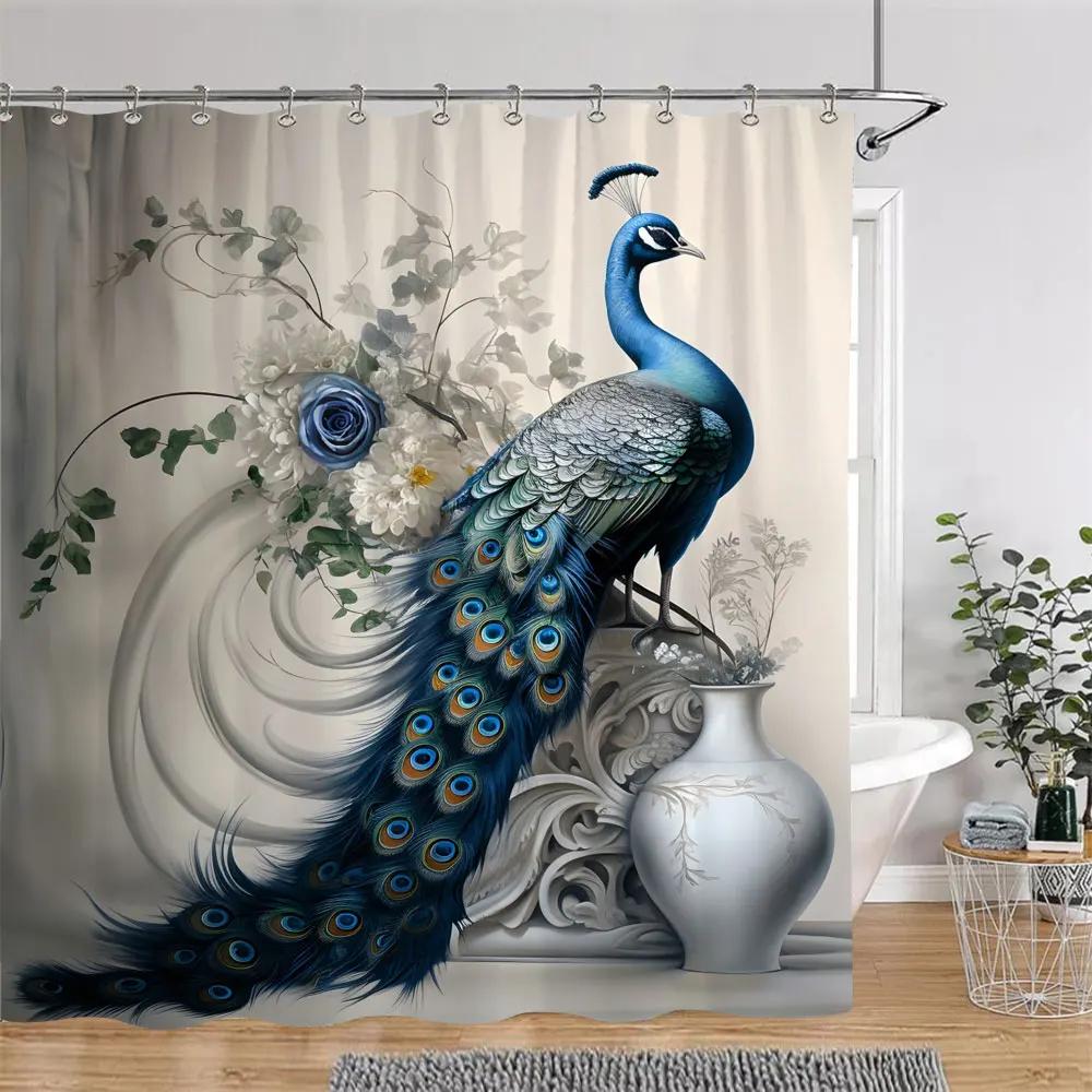 Vintage Peacock Shower Curtain Beautiful Turquoise Blue Peacock Floral Polyester Fabric Shower Curtain Bathroom Decor with Hooks