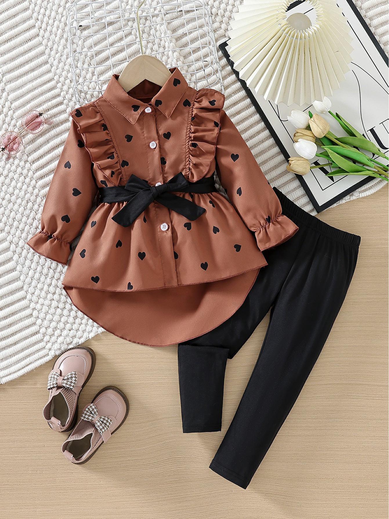 

Мода для девочек 2025 Весна/Осень Длинное платье-рубашка с поясом и комплектом леггинсов 90cm/1-2Y темно-коричневого