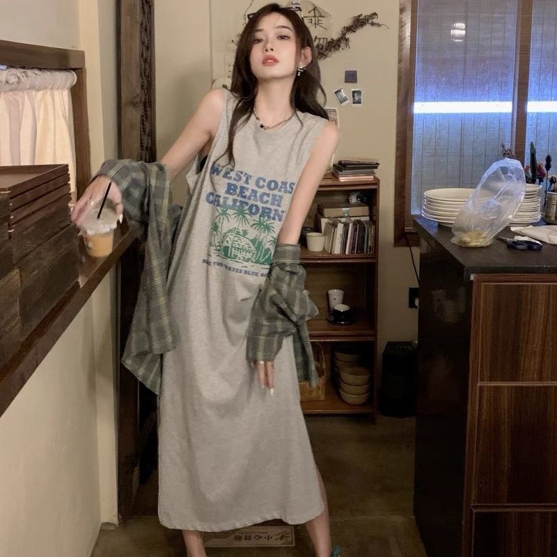 

Женское платье, хлопковое свободное открытое платье-футболка без рукавов с напуском, повседневное длинное платье 2XL серый