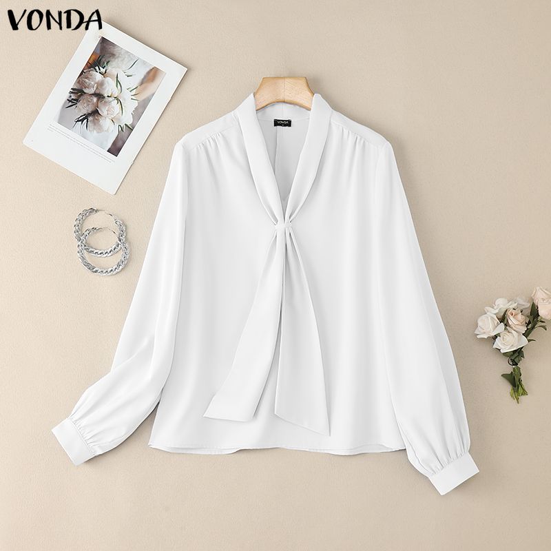 VONDA Womens Casual Tie Up V Neck Long Sleeve Casual Office Shirts Blouse
