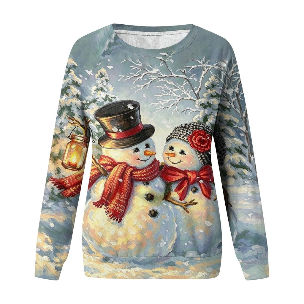 Women's Casual Neck Long Sleeve Raglan Christmas Print Pullover Sweatshirt
