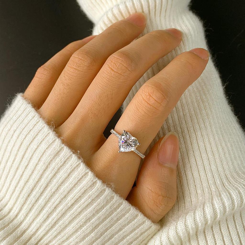 European and American S925 Sterling Silver Engagement Ring with High Carbon Diamond - Women's Heart Design