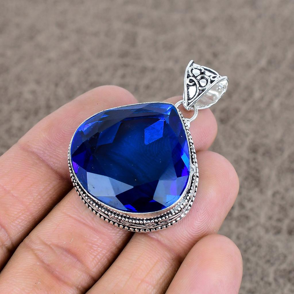 Blue Topaz Gemstone Handmade 925 Sterling Silver Jewelry Pendant 1.85" KKG-46