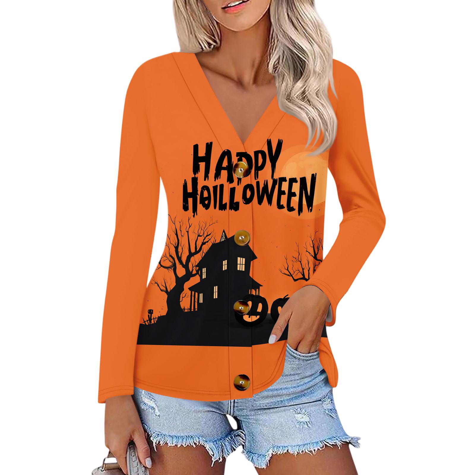 

Женская модная и повседневная рубашка на пуговицах с принтом на Хэллоуин, топ с длинными рукавами M шафрановый