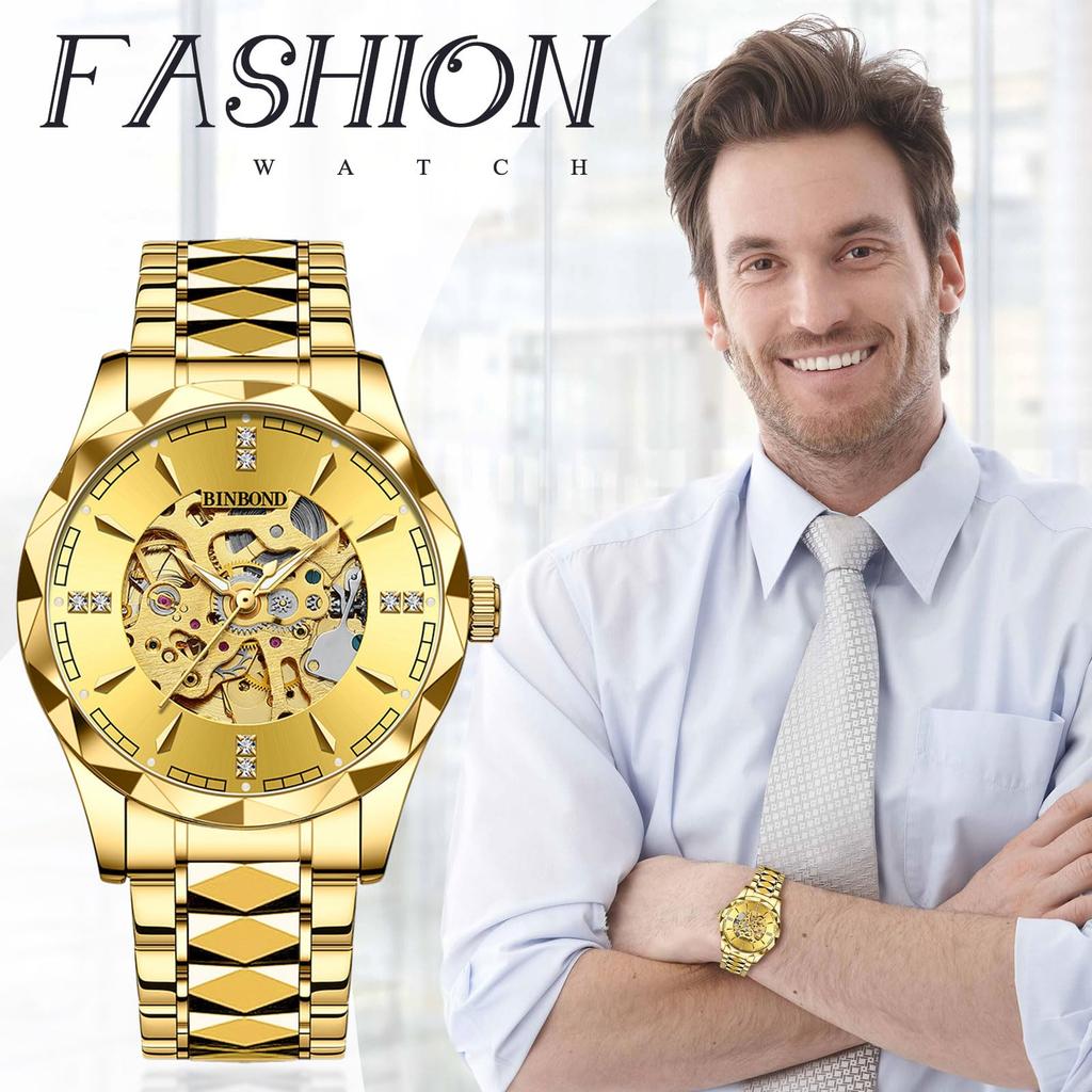 Men's Automatic Skeleton Watch, 3ATM Water Resistant: Luminous, Analog, Stainless Steel, Gold, Simple, Stylish, Casual, Business, Men's Fashion