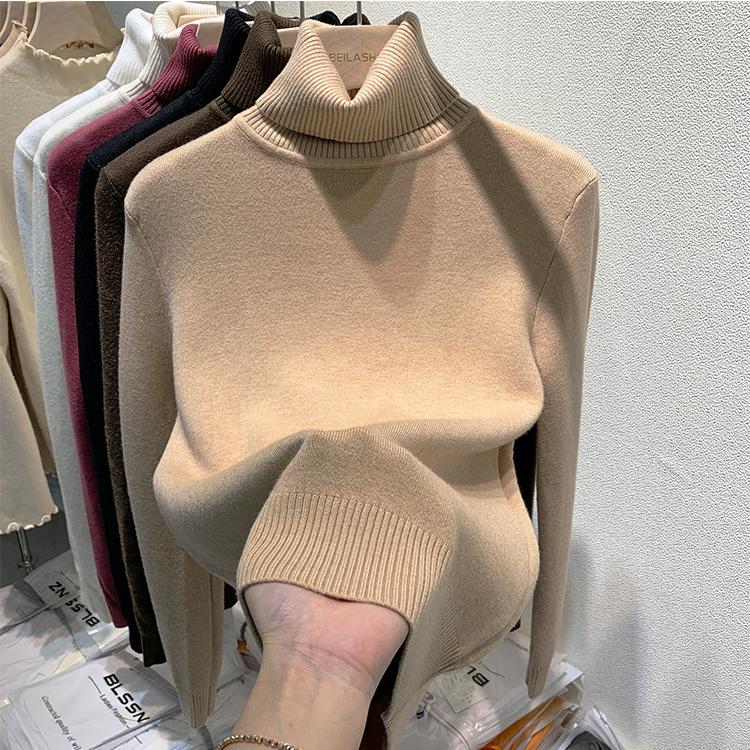 Sweter z wysokim dekoltem dla kobiet, jednolity kolor, casualowy, z grubym polarem, wkładany przez głowę, jednoczęściowy, wewnętrzny z polaru norkowego, dzianinowy sweter jesienno-zimowy