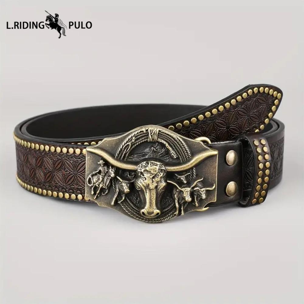 Cintura Western in Denim Tendenza Retro Gioventù Punk Rilievo Uomo Borchie Pelle Cintura
