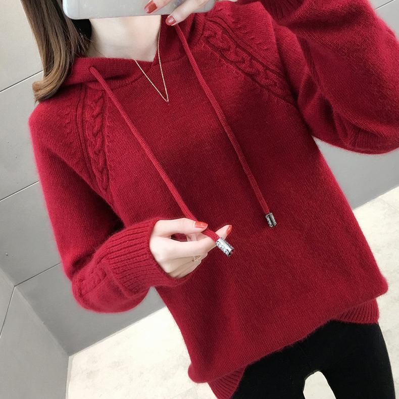 Hooded Sweater Women's Autumn and Winter Long Sleeved Knitted Sweater Loose and Lazy Style Hoodie Top Rest Pullover