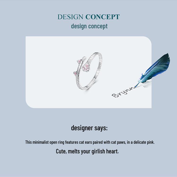 Ziyun S925 Silver Cat Open Ring with Pink Heart and Paw Print Design BSR316