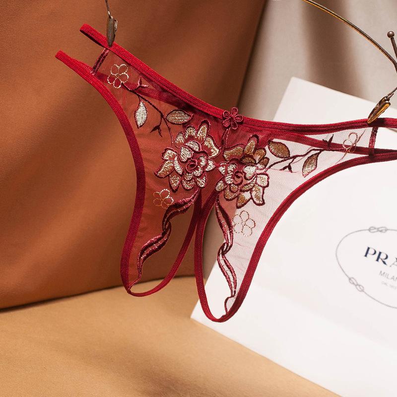 Panties Women's Interest Open Crotch French Embroidery Sexy Mesh Hollow Free Thong Low Waist Transparent T Pants 2238