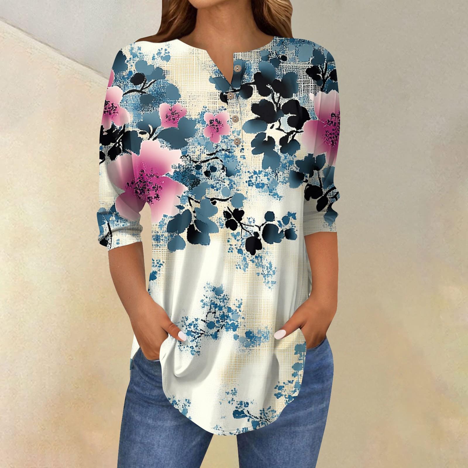 

Женская мода свободный воротник на пуговицах с принтом рукав 3/43/4 футболка топы пуловер XL розовый