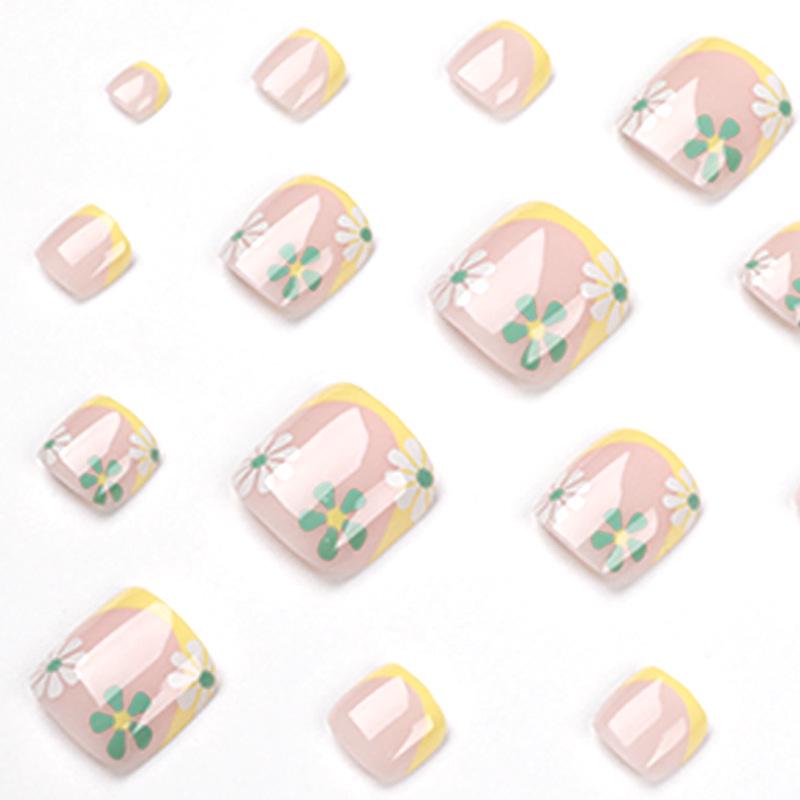 Yellow-Edged French Pedicure Nail Stickers with White & Green Flowers