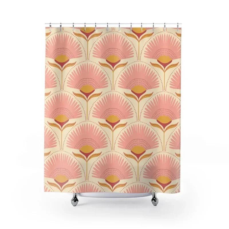 Art Deco Douchegordijn Vintage Badkamer Decor Geel Roze Douchegordijn Kunst Bloemenpatroon Art Nouveau Bad Decor Cadeau