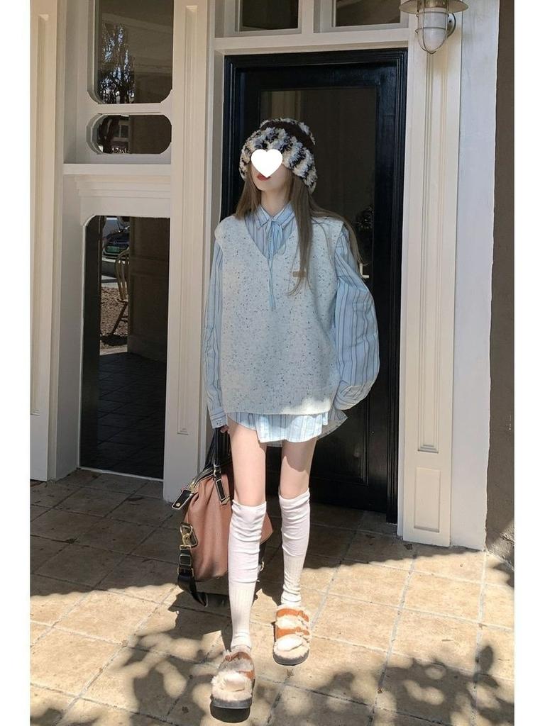 Two-piece set of women's high school era~ college style age-reducing knitted vest stacked sweater vest + striped shirt two-piece set