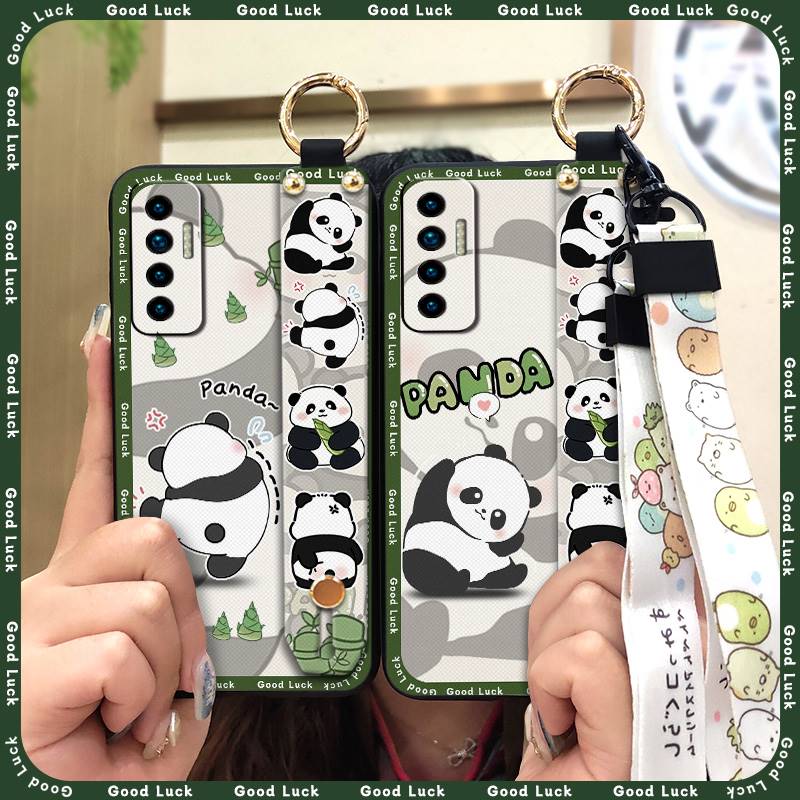 Fashion Design Cute Phone Case For Tecno Camon17P Phone Holder Cartoon Back Cover Shockproof Panda Silicone Ring Lanyard