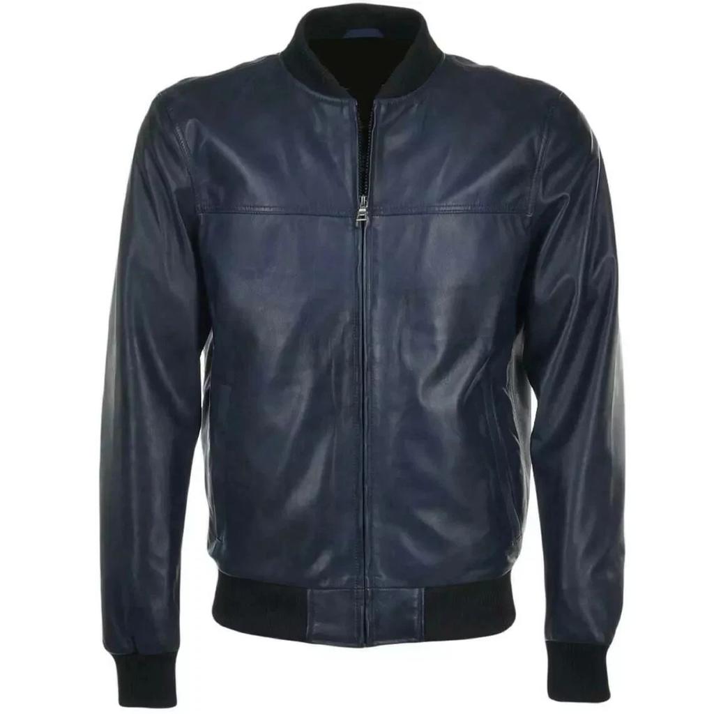Navy Blue Handmade Leather Biker Genuine Lambskin Biker Stylish Wear Men Jacket Fit