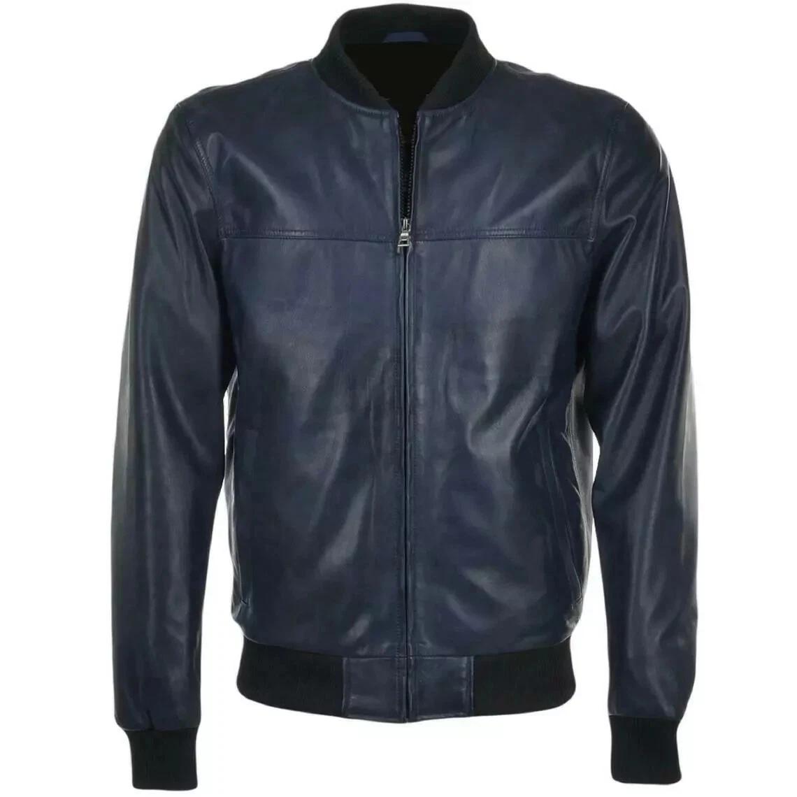 

Navy Blue Handmade Leather Biker Genuine Lambskin Biker Stylish Wear Men Jacket Fit 3XL темно-синий