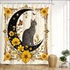 Mystical Cat Shower Curtain 180x180cm Crescent Moon with Black Cat, Floral Butterfly Night Design, Boho Bathroom Decor, 12 Hooks