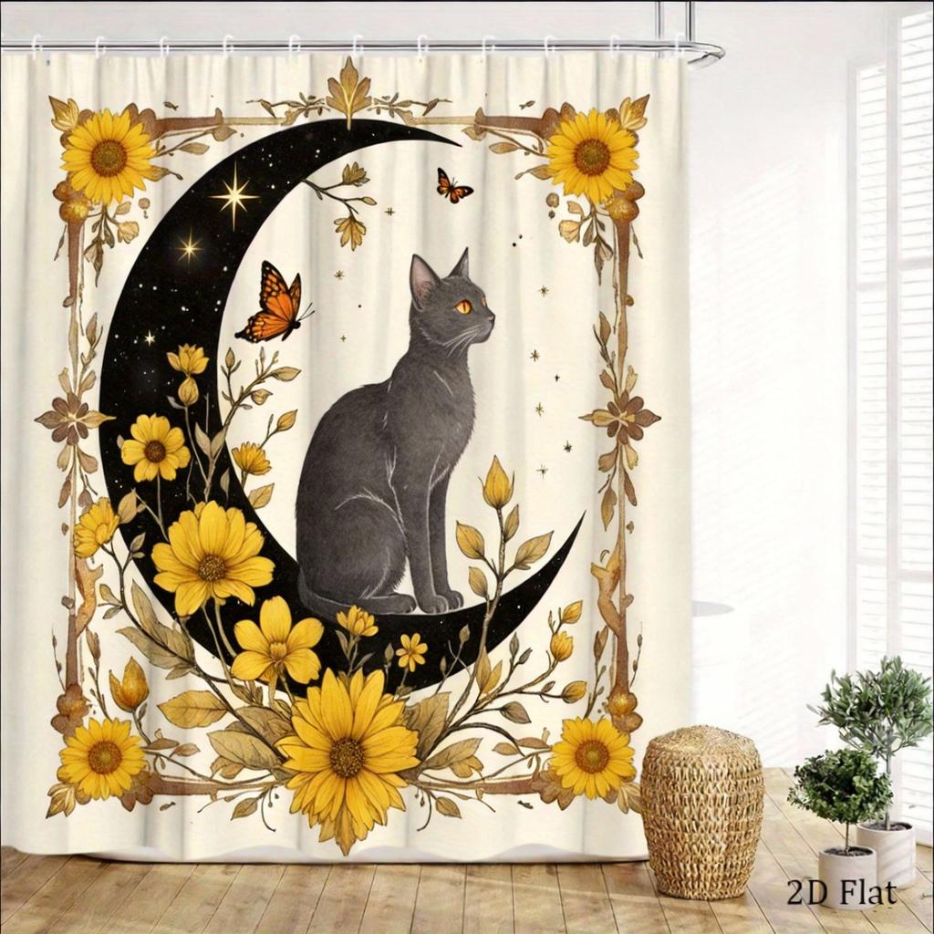 Mystical Cat Shower Curtain 180x180cm Crescent Moon with Black Cat, Floral Butterfly Night Design, Boho Bathroom Decor, 12 Hooks