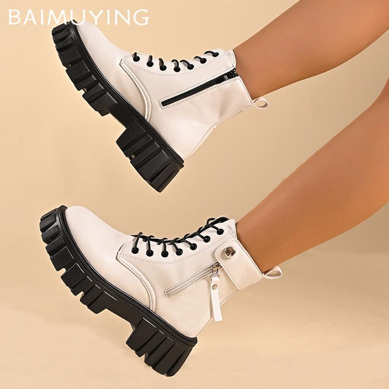 Plateau Damen Stiefeletten Mittelhohe Absätze Designerschuhe Schnürstiefel Chunky Motorradstiefel Trend Winter Goth Neu Botas De Mujer