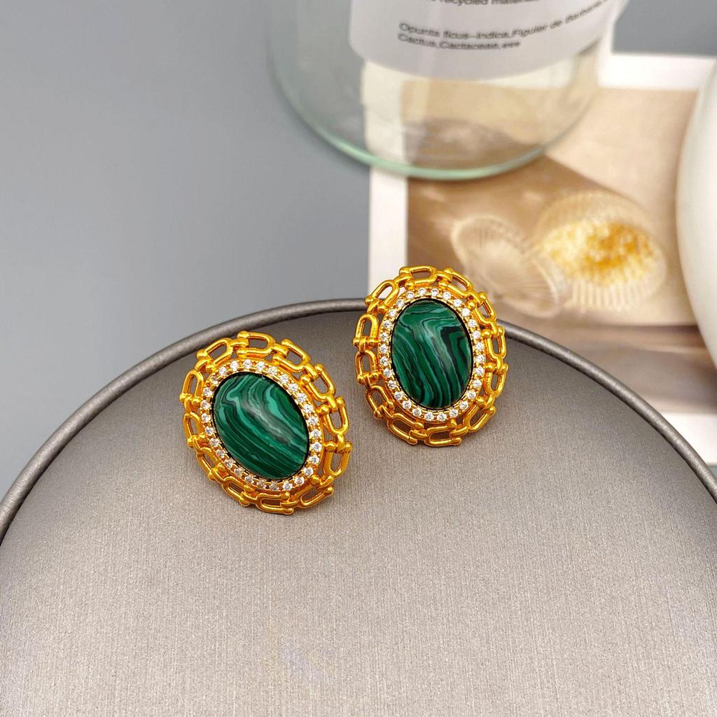 Retro Luxury Malachite & Zircon Stud and Dangle Earrings
