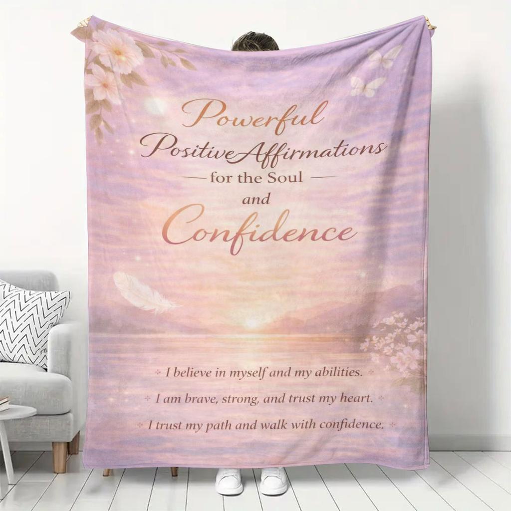 Cozy Flannel Blanket with Powerful Positive Affirmations for Soul Confidence, Ultra-Soft Warm Throw Blanket Printed with Encouraging Quotes, Perfect f