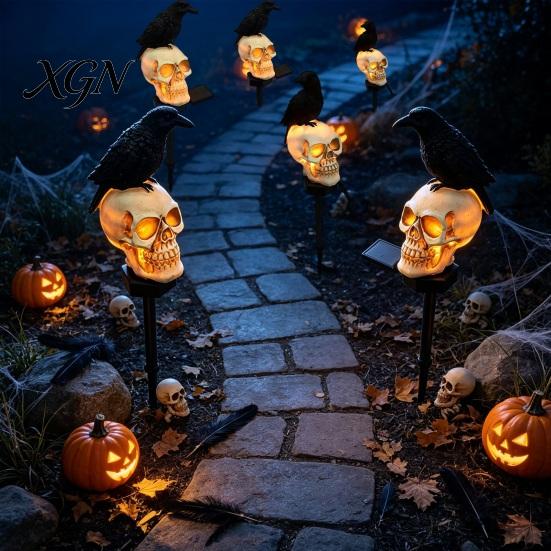 Weatherproof Solar Lights for Outside LED Crow Skull Light, Waterproof Halloween Pathway Gothic Horror Party Gifts Collectors on Skeleton Head