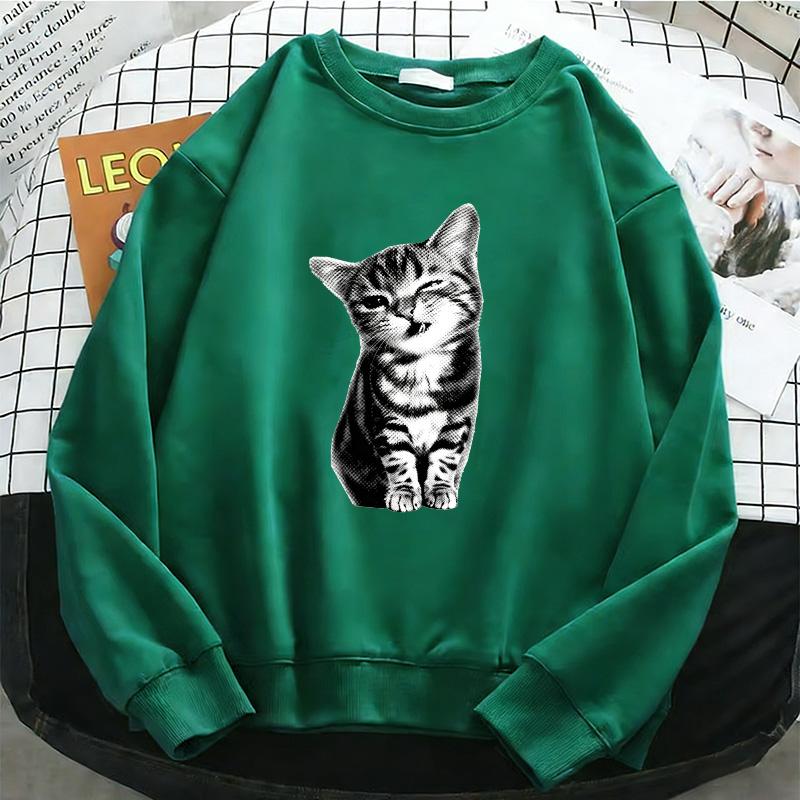 Fun Cat Diagram Print Pullovers Autumn Basics Sweatshirt Loose Street Women Clothing Fashion Oversize Long Sleeved Crew Neck Pullover