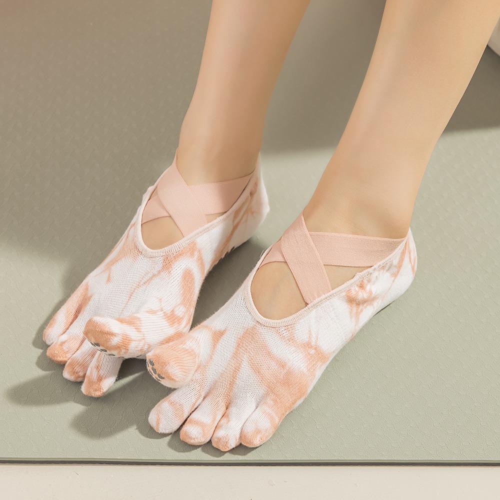 Five Toes Yoga Socks Women Backless Breathable Bandage Tie-dye Pilates Socks Silicone Non-slip Indoor Workout Dance Sports Socks