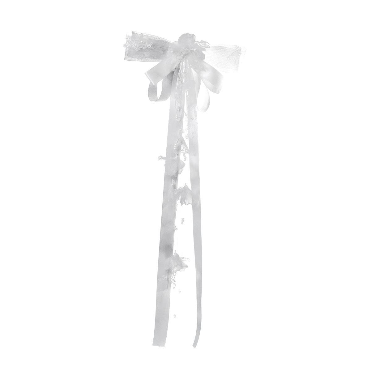 

Mori Style Bridal Fairy Headdress with Lily of the Valley Ribbon and Mesh Bow for Wedding or Evening Dress Styling.