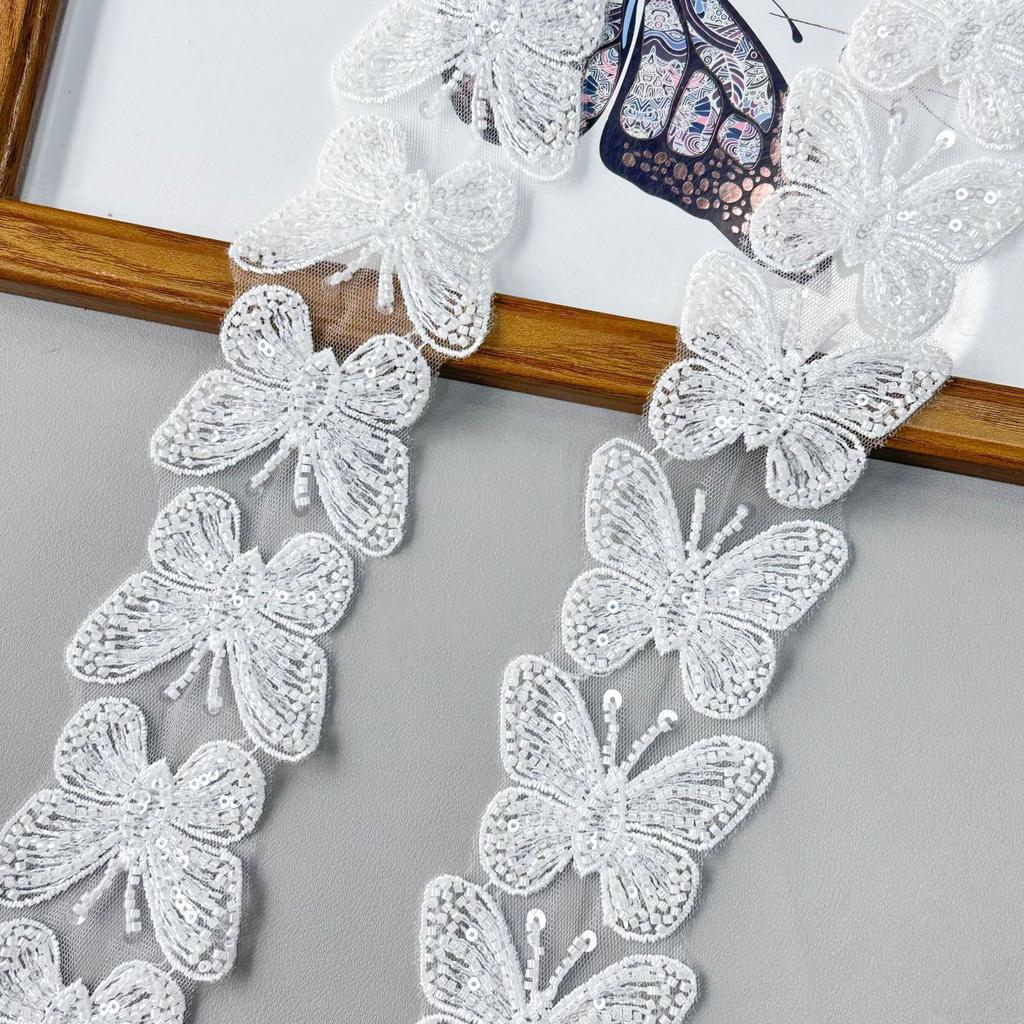 White Butterfly Embroidery Hollow Bead Sequins Barcode Wedding Accessories Diy Headgear Dress Decorative Lace