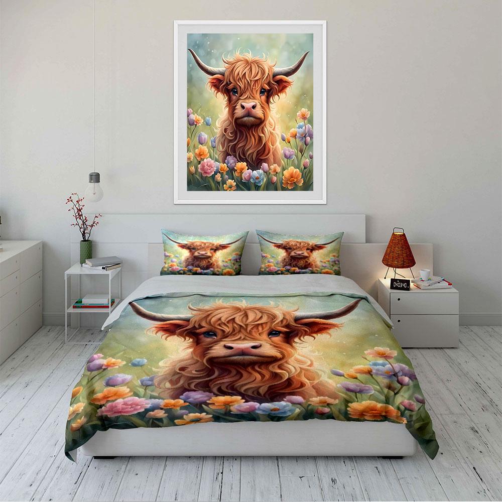 "Floral Highland Cow Bedding Set" Bedding Duvet Cover Set Duvet Cover Pillowcases (1 * Duvet Cover 2 * Pillowcases, without duvet insert)