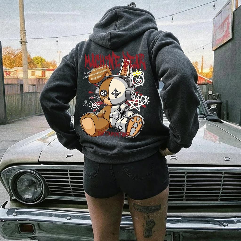 Latest Fall/winter Network Mechanical Rabbit Graffiti Letter Hooded Long-sleeved Pullover with Pockets Street Style Hooded Top