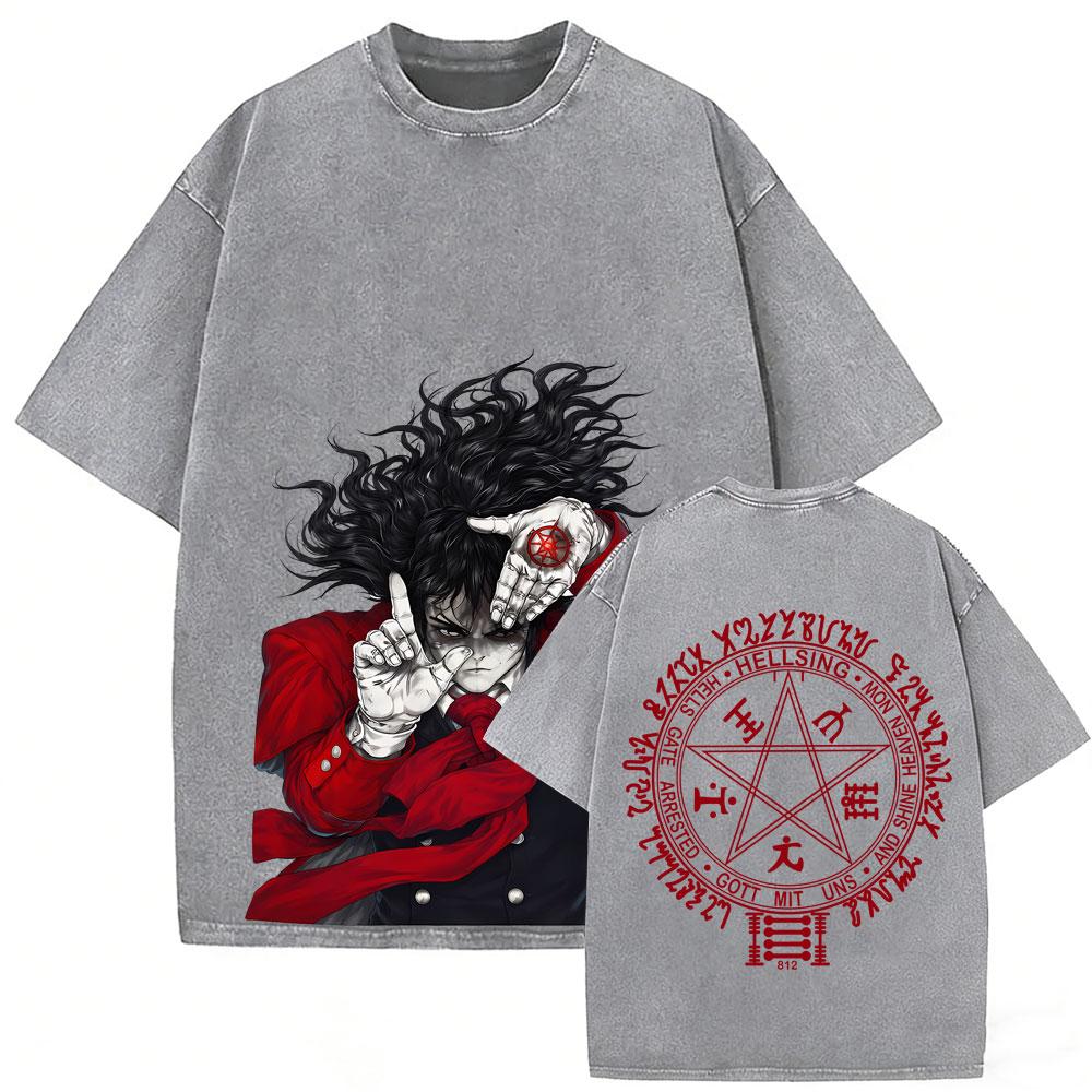 Washed Vintage Anime Hellsing Yumie Takagi Graphic Tshirt Vampire Alucard Merch Tshirts Mens Gothic Manga Oversized T Shirts