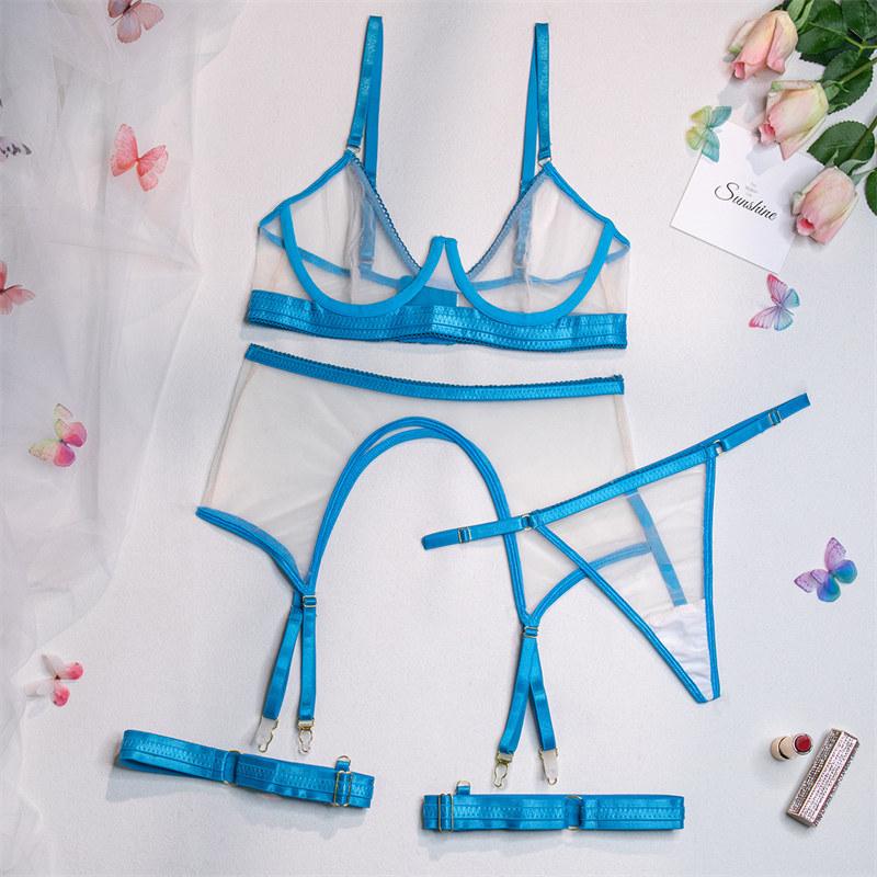 Dámská sexy souprava spodního prádla Nová krajková síťovinová průsvitné tenké erotické spodní prádlo Podprsenka Podvazek Noha Kroužek Kalhotky Módní kostým