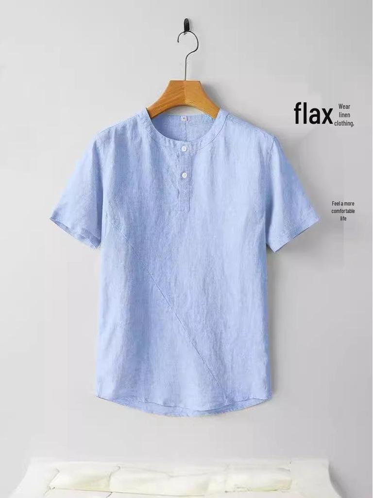 Men's Chinese Style Cotton Linen Short Sleeve Crew Neck T-Shirt - Lightweight, Loose Fit, Summer Top