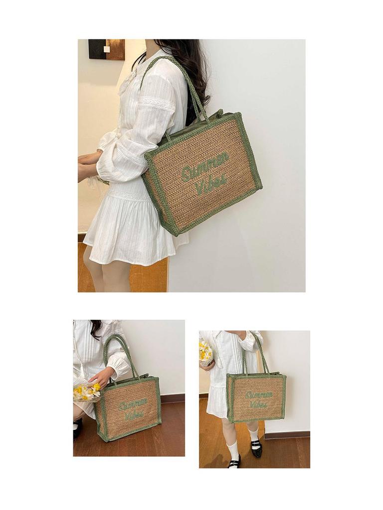Women's Large Capacity South Wind Chic Straw Woven Tote Bag with Embroidered Letters