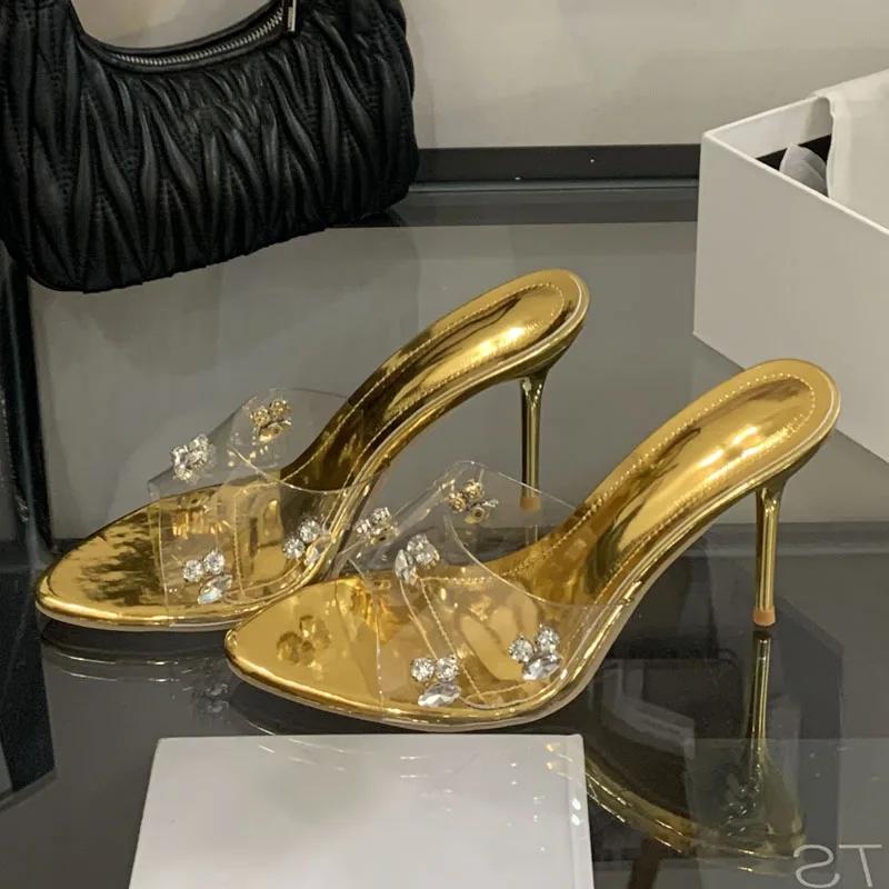 

Fashion Luxury Crystal Decoration Design Brand High Heel Slippers Women Fashion Transparent PVC Slide Sandals Elegant Banquet Dress Shoe 35 золотой