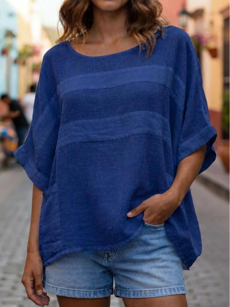 European & American Women's Summer Casual Loose Top - Round Neck, 3/4 Sleeve