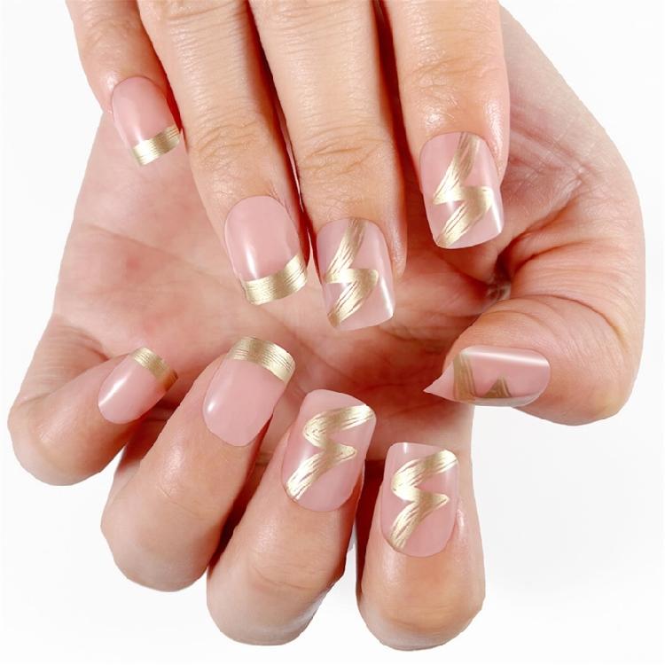 Glossy Press on Nail Gold French Tips Short Square False Nail Stick On Nail Mainicure Nail Art For Various Occasion 1