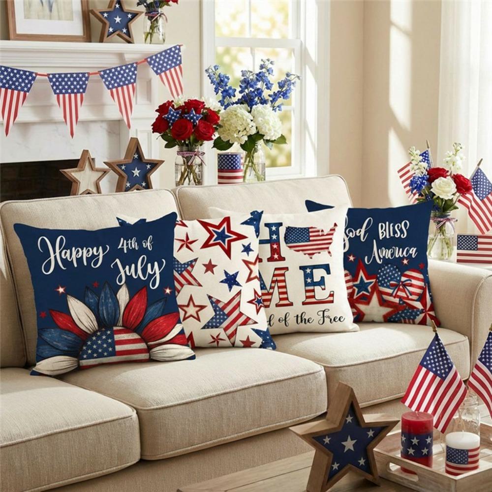 4pcs 4th of July Printed Home Decor Pillow Cover Bedroom Living Room Sofa Decoration Polyester Cushion Cover with Zipper