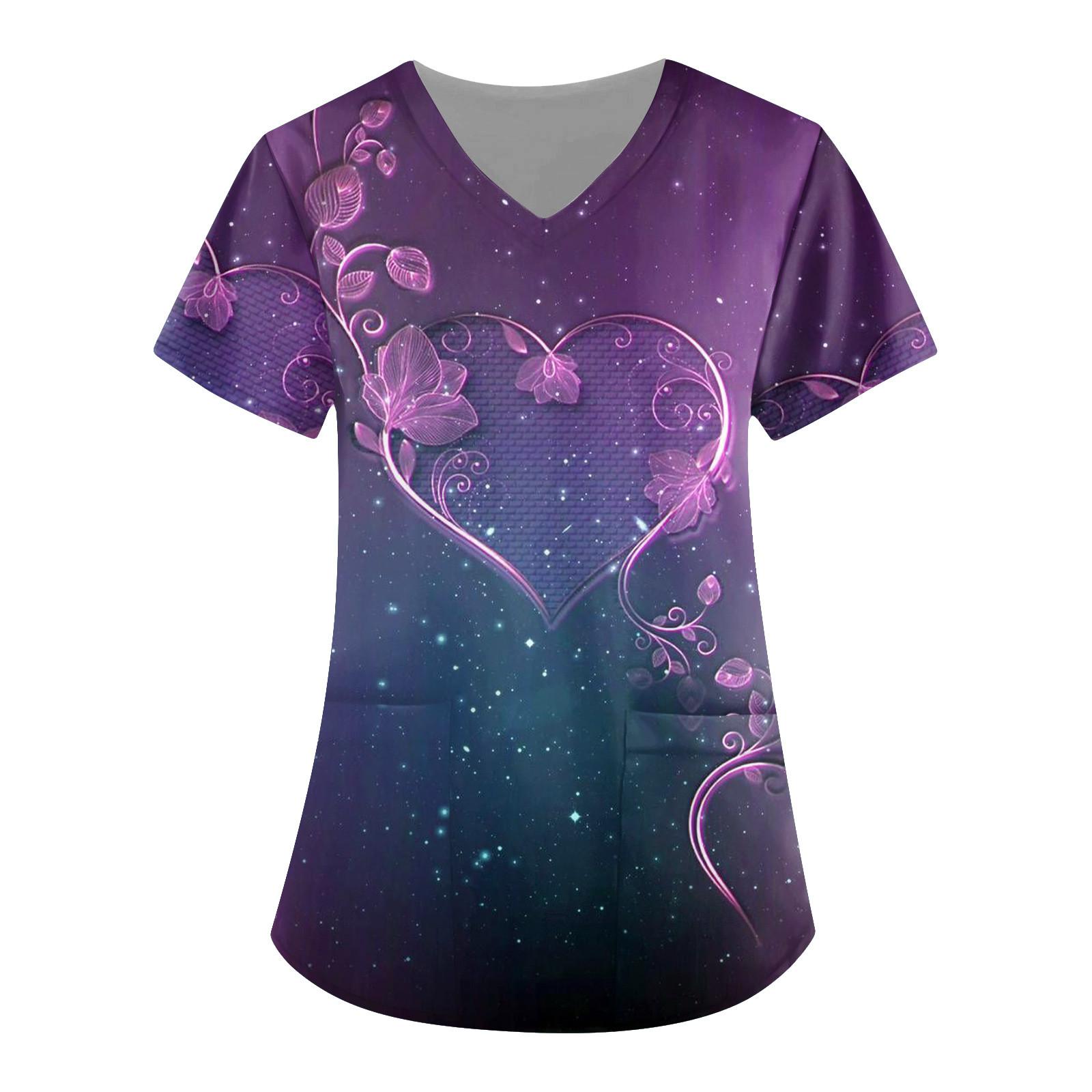 

Женская мода, рабочая одежда с v-образным вырезом, короткими рукавами и карманами, топы с принтом, летние топы для женщин L