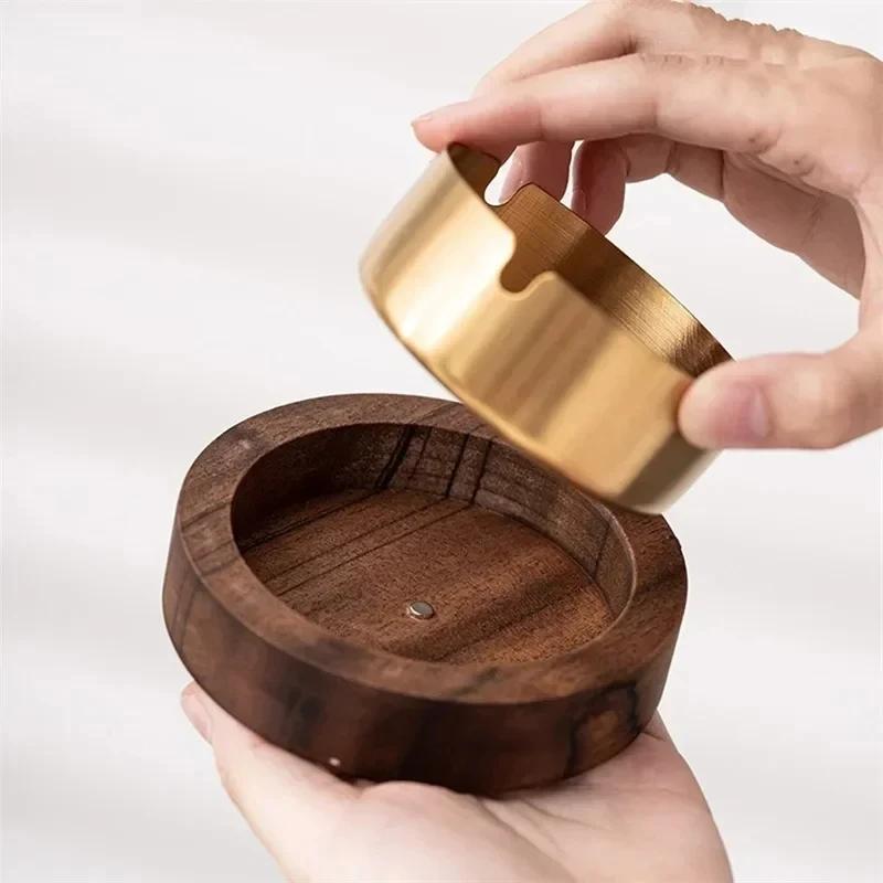 1pc Walnut Wood Ashtrays with Lid Covered Windproof Ashtray Stainless Steel Liner Indoor Outdoor Ash Tray for Home