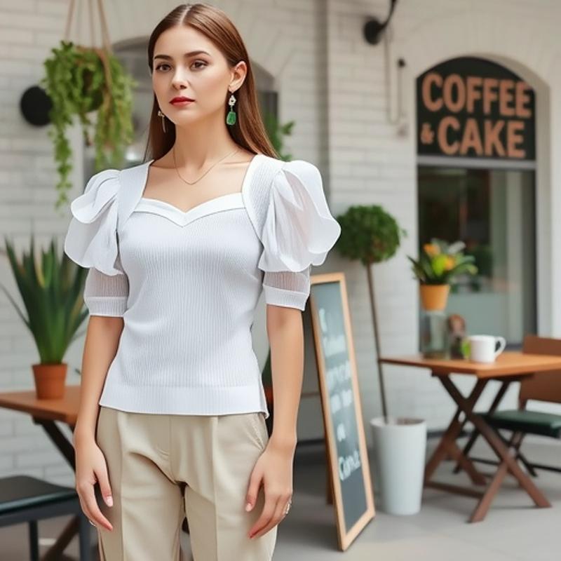 Women's 2026 Ice Silk Summer T-shirt – French Court Style Puff Sleeve, Square Neck Cool Top